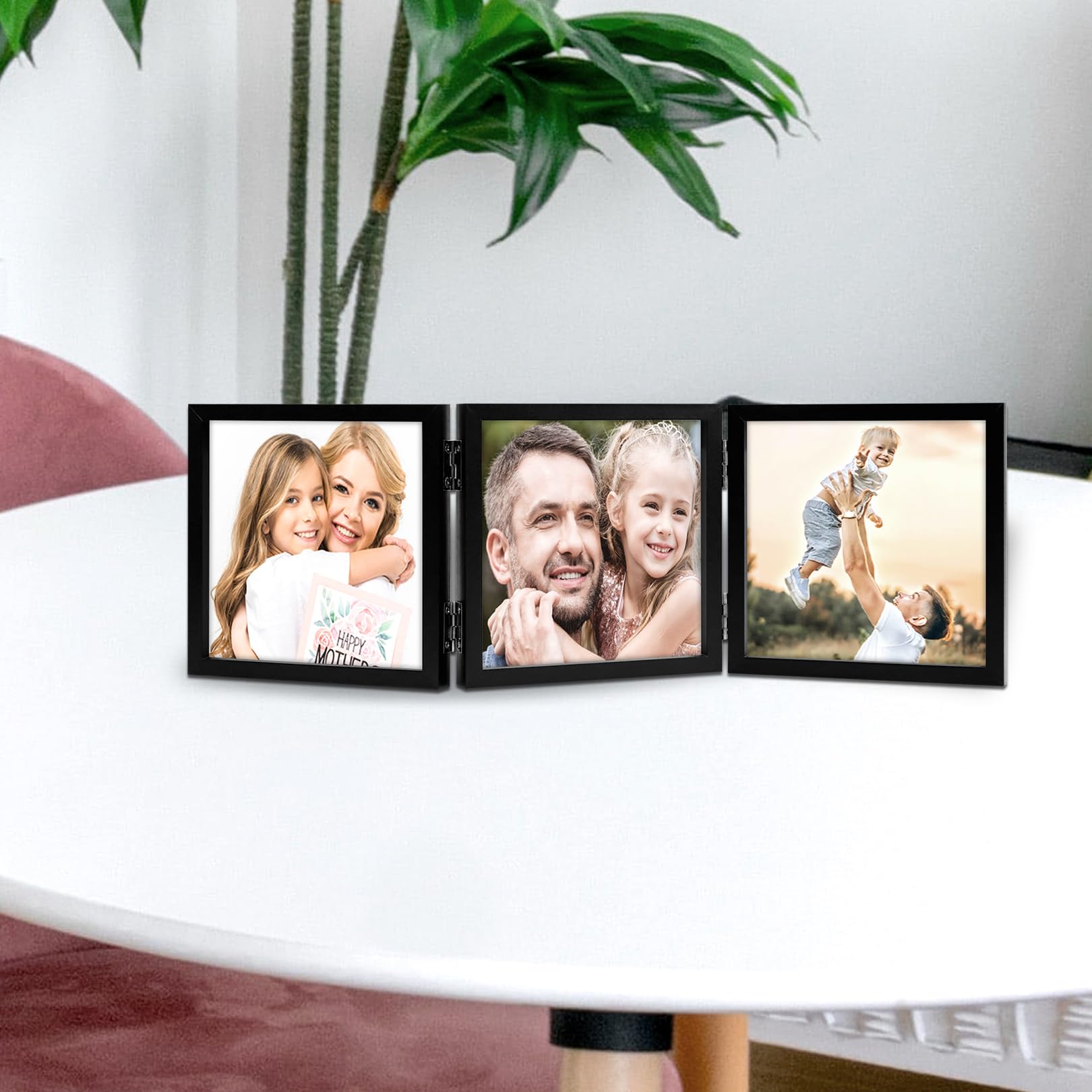 3 Picture Frame 5x5 Black Triple Hinged MDF Wood with Glass Front Three Opening Photo Frame Stand Vertical on Tabletop